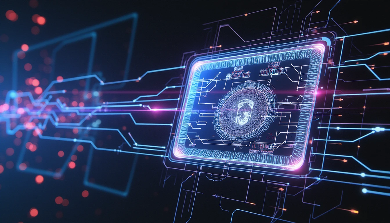 AI-powered deepfake detection in insurance, featuring neon-glowing elements analyzing digital images to identify fraud and ensure data security.