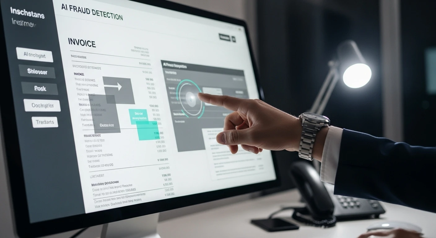 KI erkennt manipulierte Spesenabrechnungen und hebt Anomalien auf einem Bildschirm hervor, mit modernem Design im Stil von Vaarhaft.