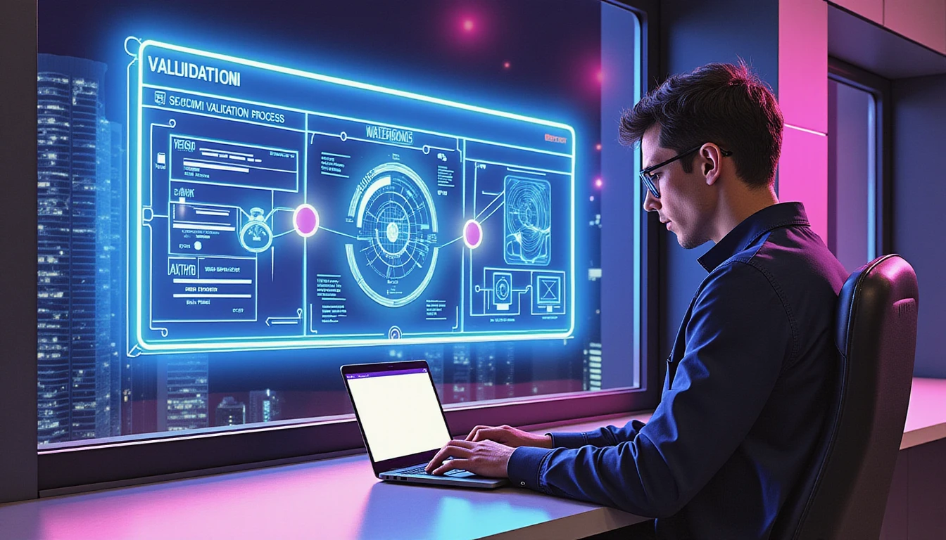 Professional at laptop in neon-lit workspace with holographic interface showing AI receipt validation and fraud detection systems
