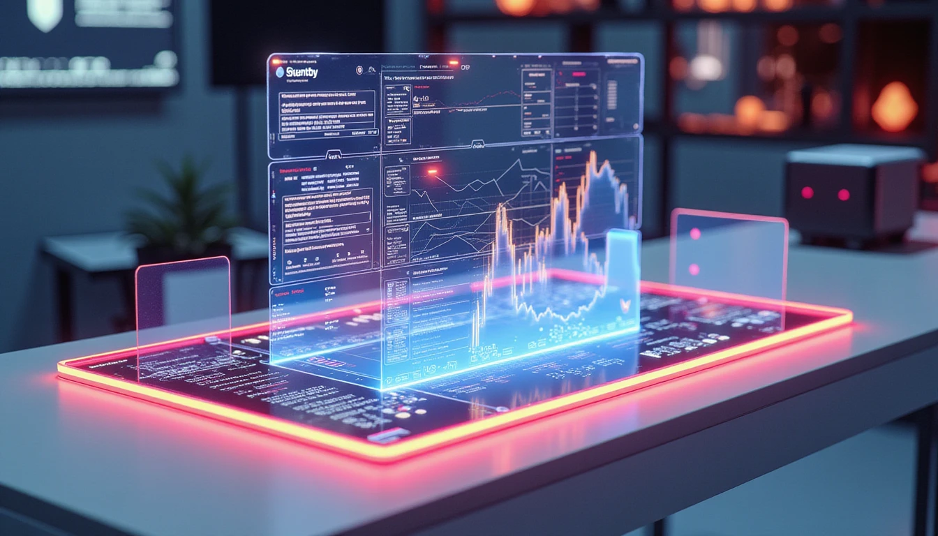 Futuristic digital workspace with holographic expense dashboard, AI-driven OCR, fraud detection, and GDPR compliance overlays