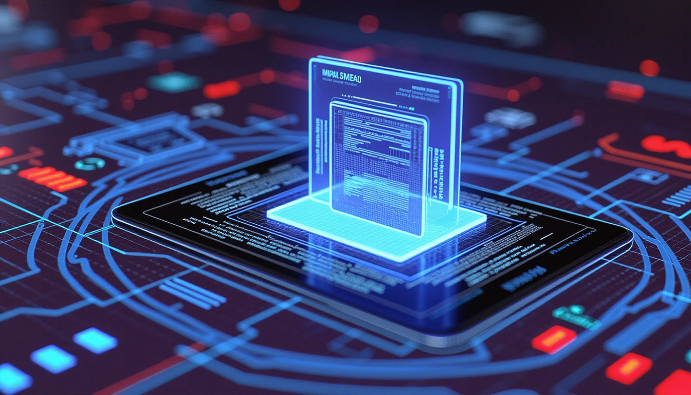 Futuristic AI interface scanning digital documents with neural networks, metadata analysis, and data protection visuals