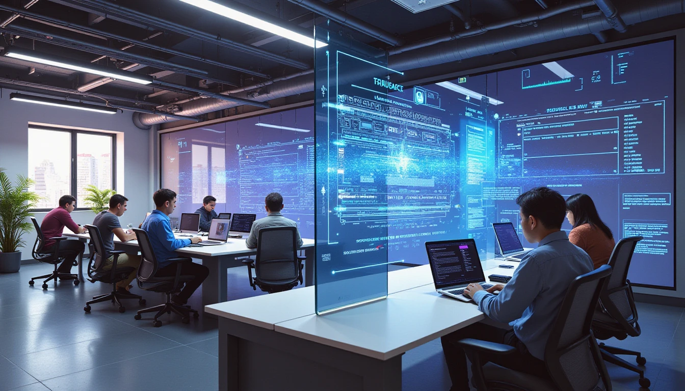 Futuristic insurance office with diverse team using holographic AI fraud scanner amid neon-lit data flow and security icons