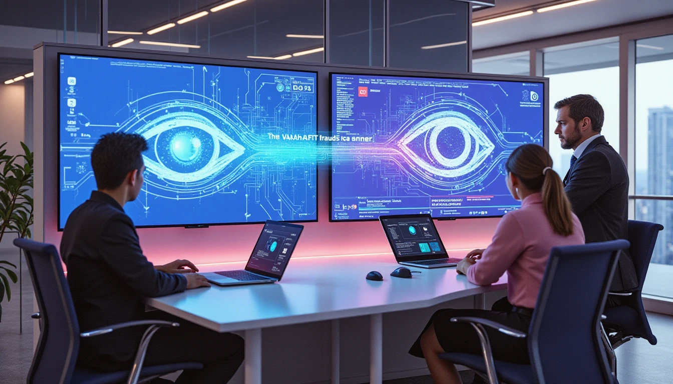 Verschiedene Fachleute prüfen digitale Schadensmeldungen auf hochmodernen Bildschirmen mit neonfarbenen KI-Visuals und VAARHAFT Fraud Scanner in einem modernen Büro.