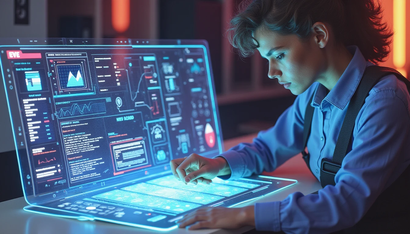 Insurance analyst reviews digital claim data on neon interface with AI fraud detection and secure data flow visualization
