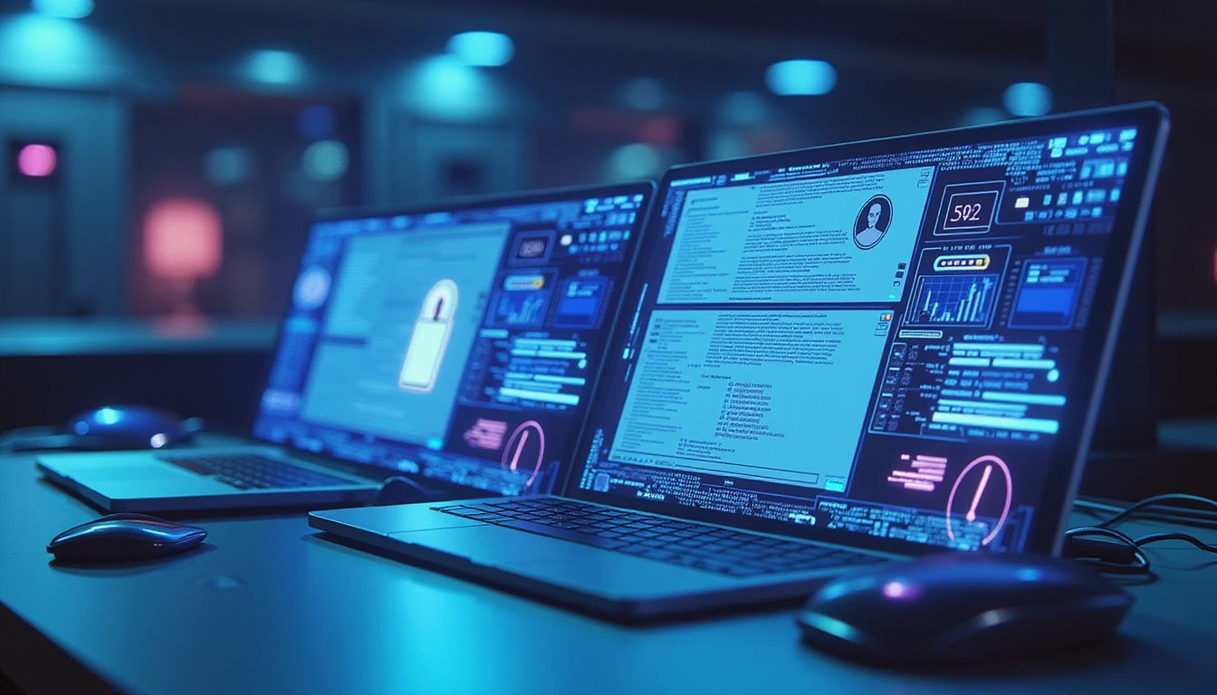 Futuristic AI-powered fraud detection interface analyzing insurance documents with neon data streams, security shields, and cybernetic hues.