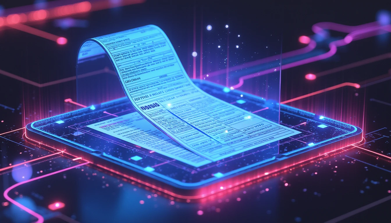 Futuristic AI-powered insurance claims analysis with a holographic fraud detection system, glowing interface, and interconnected digital network.