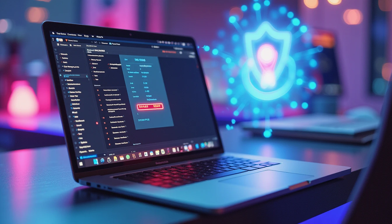 Futuristic workspace with glowing laptop showing fraud report and AI hologram detecting fake receipts in neon-lit environment