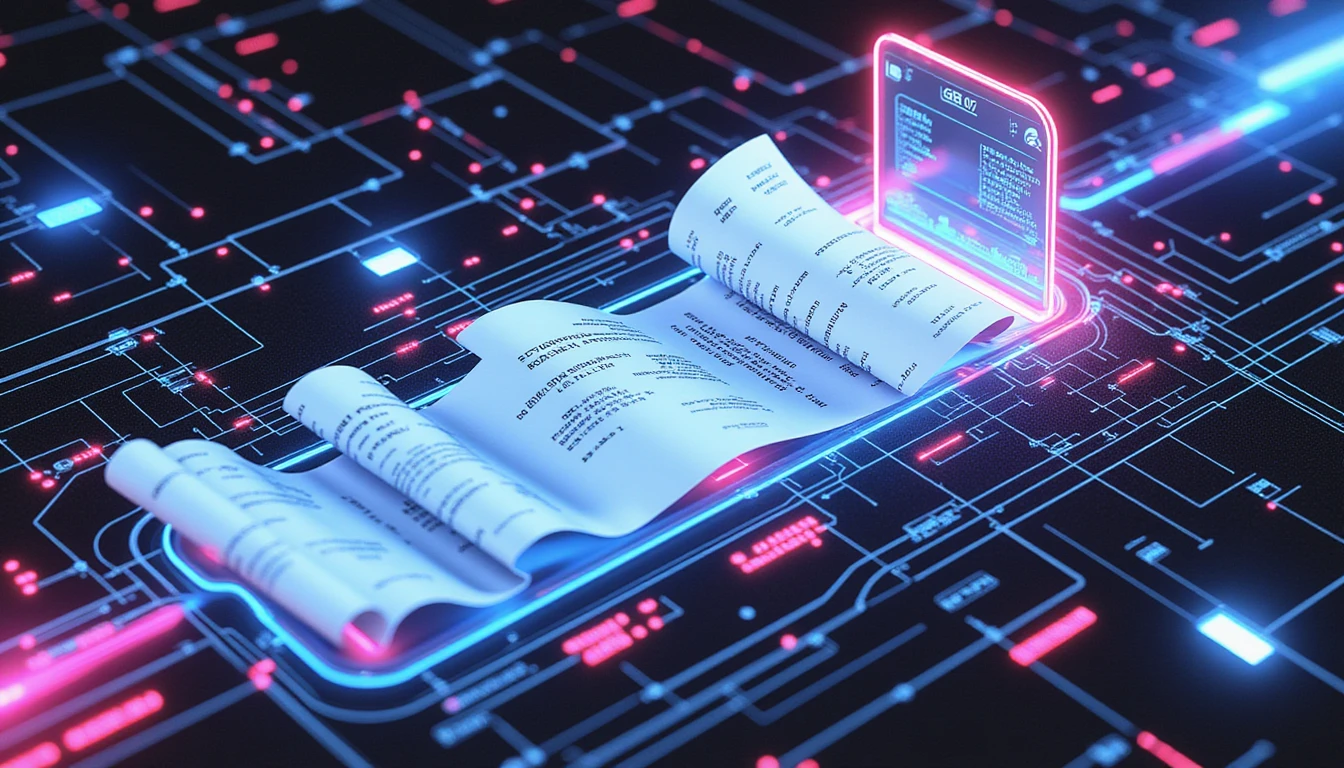 Futuristic AI system scanning digital receipts with neon shield, highlighting secure, automated fraud detection and compliance.