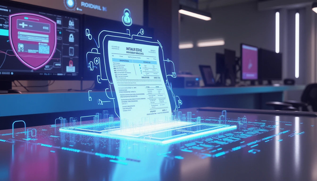 Futuristic office with glowing digital receipt transforming into data lines, symbolizing AI-driven fraud detection and security analysis