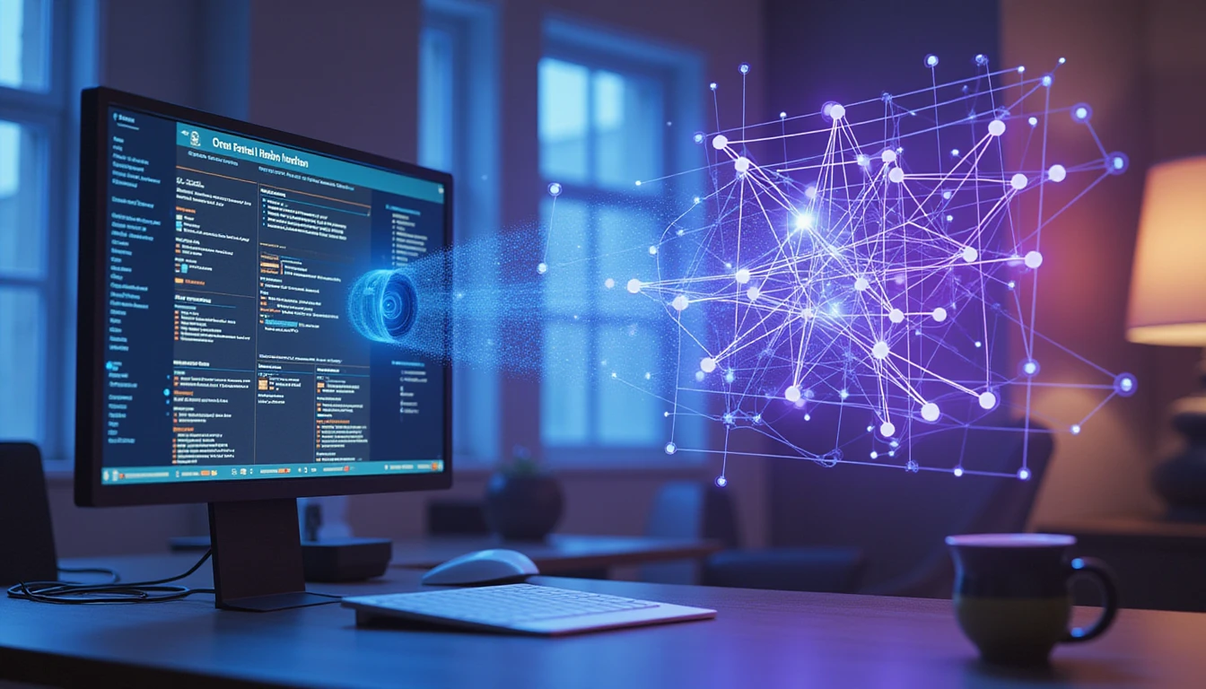 Futuristic office with glowing AI interface analyzing health insurance data for fraud detection in a secure digital network