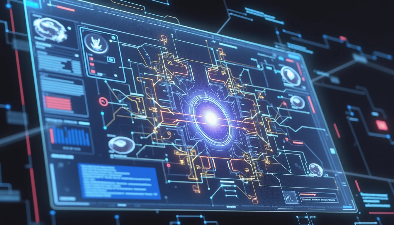 Futuristic AI interface scans photo matrix for image fraud, highlighting anomalies with neon indicators and secure data links