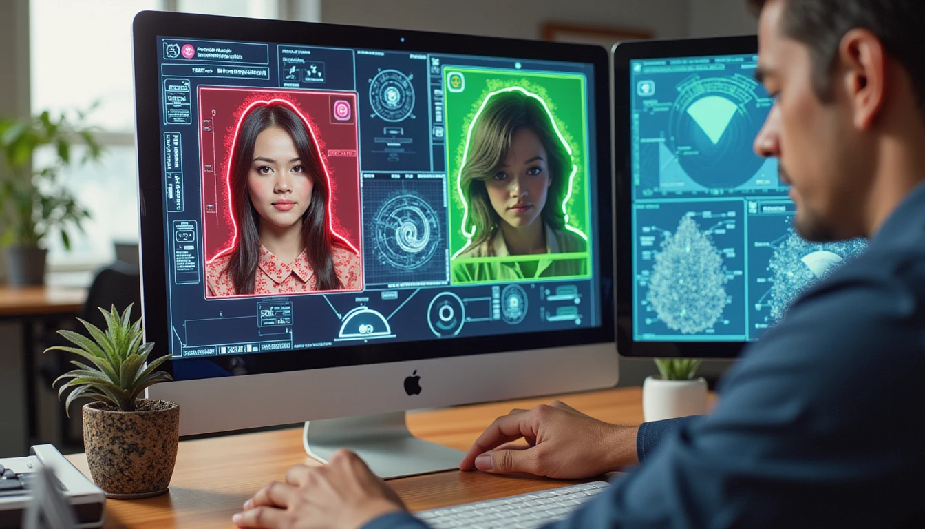 Insurance agent analyzing real and AI-generated claim images on screen with futuristic data overlays and holographic interfaces