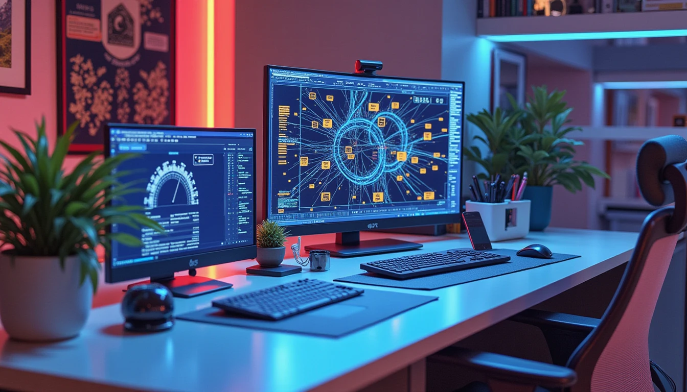 Close-up of AI-powered OCR system analyzing receipts in a neon-lit office, overlaid with abstract fraud detection and GDPR visuals