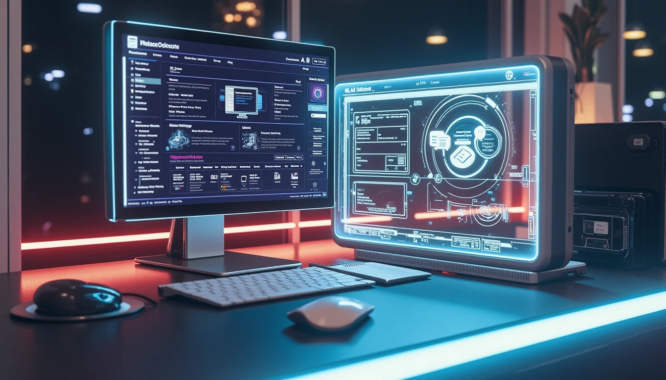 Futuristic digital workstation at night with AI expense software, neon accents, and holographic diagram of document verification.