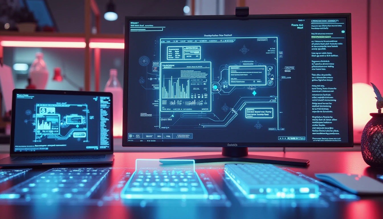 Futuristischer Arbeitsplatz mit holografischen Finanzdaten, KI prüft Belege, Neonlichter bei Betrugserkennungs-Visualisierungen
