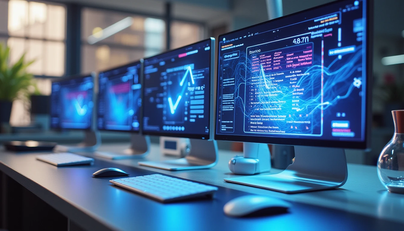 Futuristic office workspace with glowing screens showing AI-driven fraud detection software analyzing a digital receipt in real time