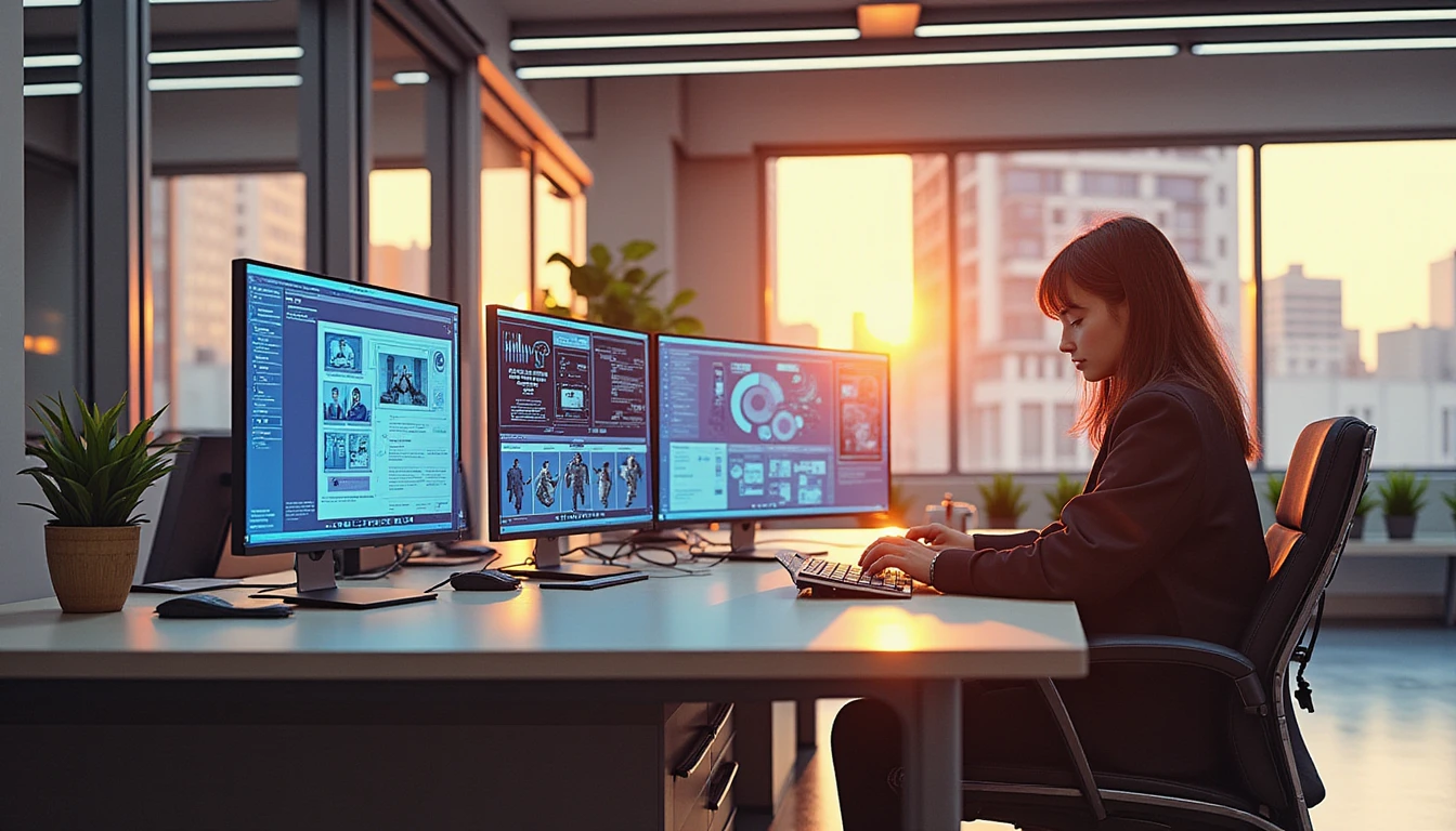 Futuristic insurance office with holographic fraud detection screens analyzing image forensics, symbolizing trust and cybersecurity.