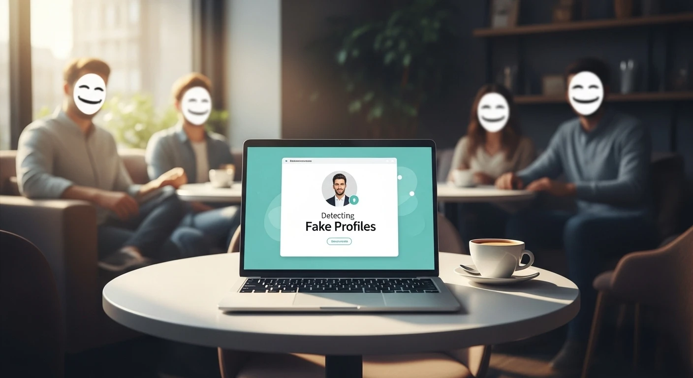 Eine fortschrittliche KI-Oberfläche erkennt Fake-Profile auf einer Online-Dating-App und zeigt die Bedeutung von digitalem Vertrauen und Sicherheit beim Erkennen von Fake-Profilen beim Online-Dating.