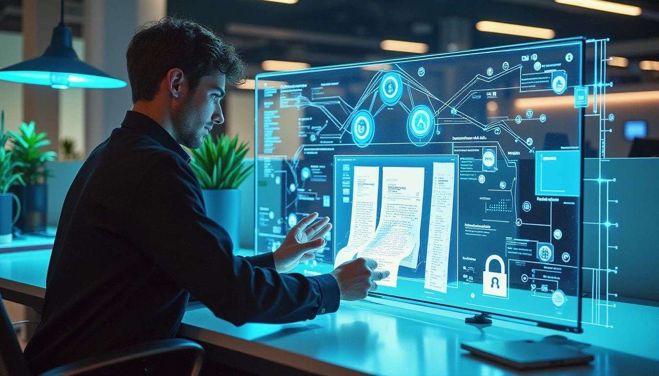 Product manager reviews digital receipts on holographic screen with AI overlay for OCR, fraud detection, and data protection.