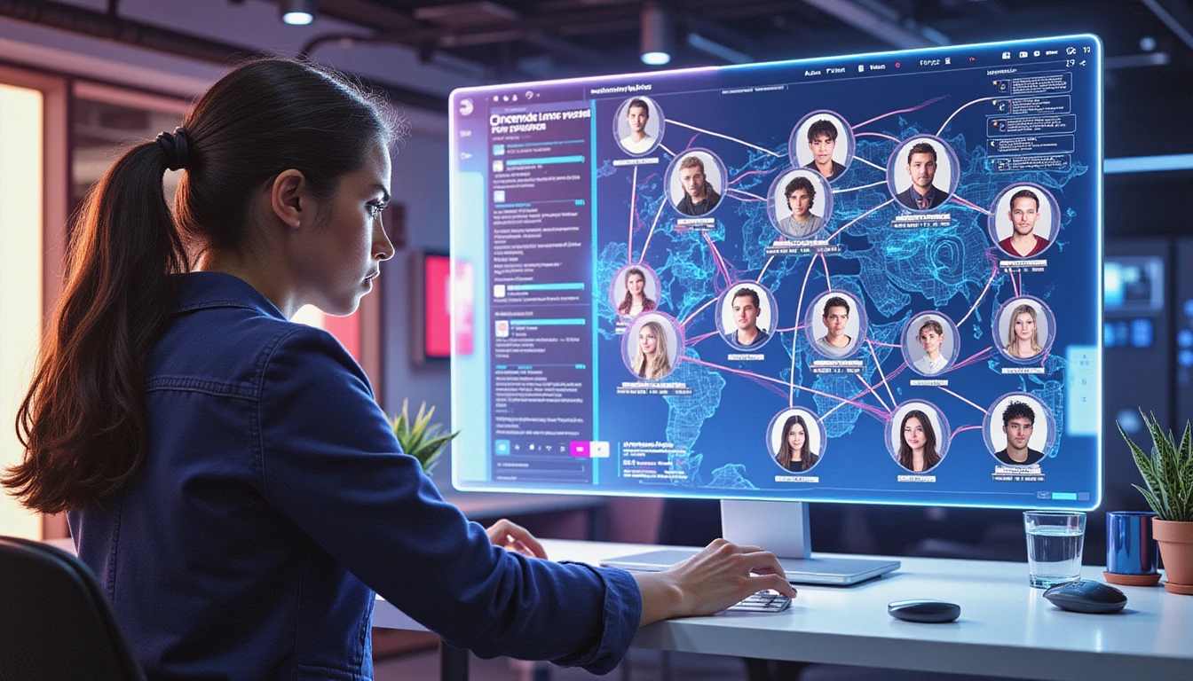 Digital security expert analyzes dating profiles on a holographic screen with AI intercepting fake profiles in a neon-lit high-tech setting.