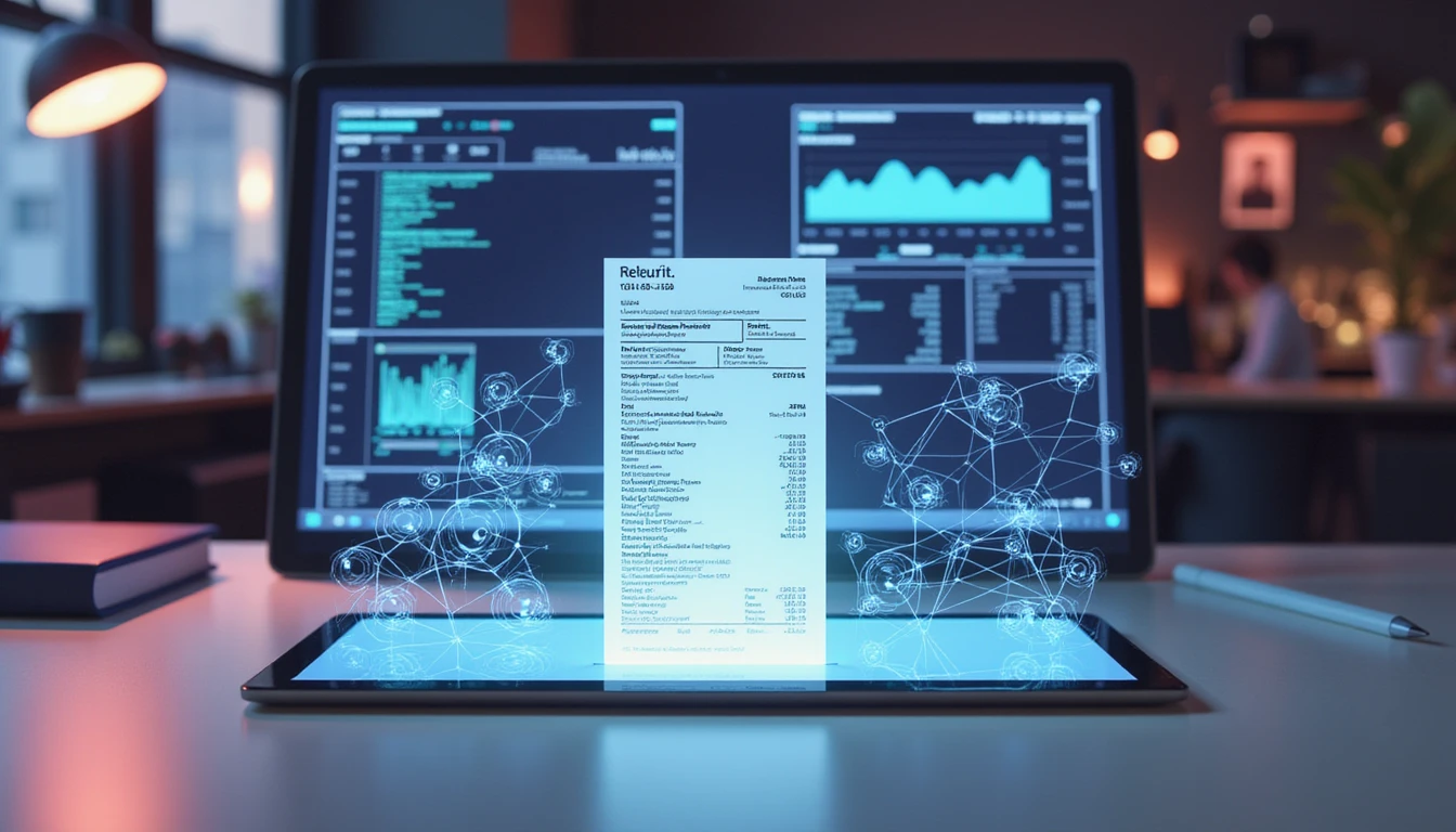 Futuristic office with floating digital receipt, holographic diagrams, and AI fraud detection interface analyzing expense data