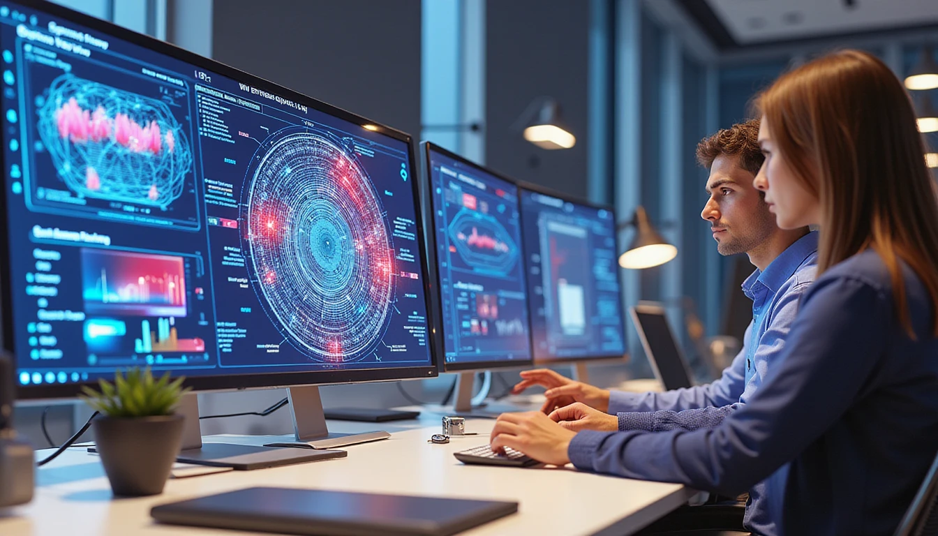 Insurance professionals using futuristic AI interfaces showing neural networks, fraud analysis, and secure GDPR-compliant data visuals