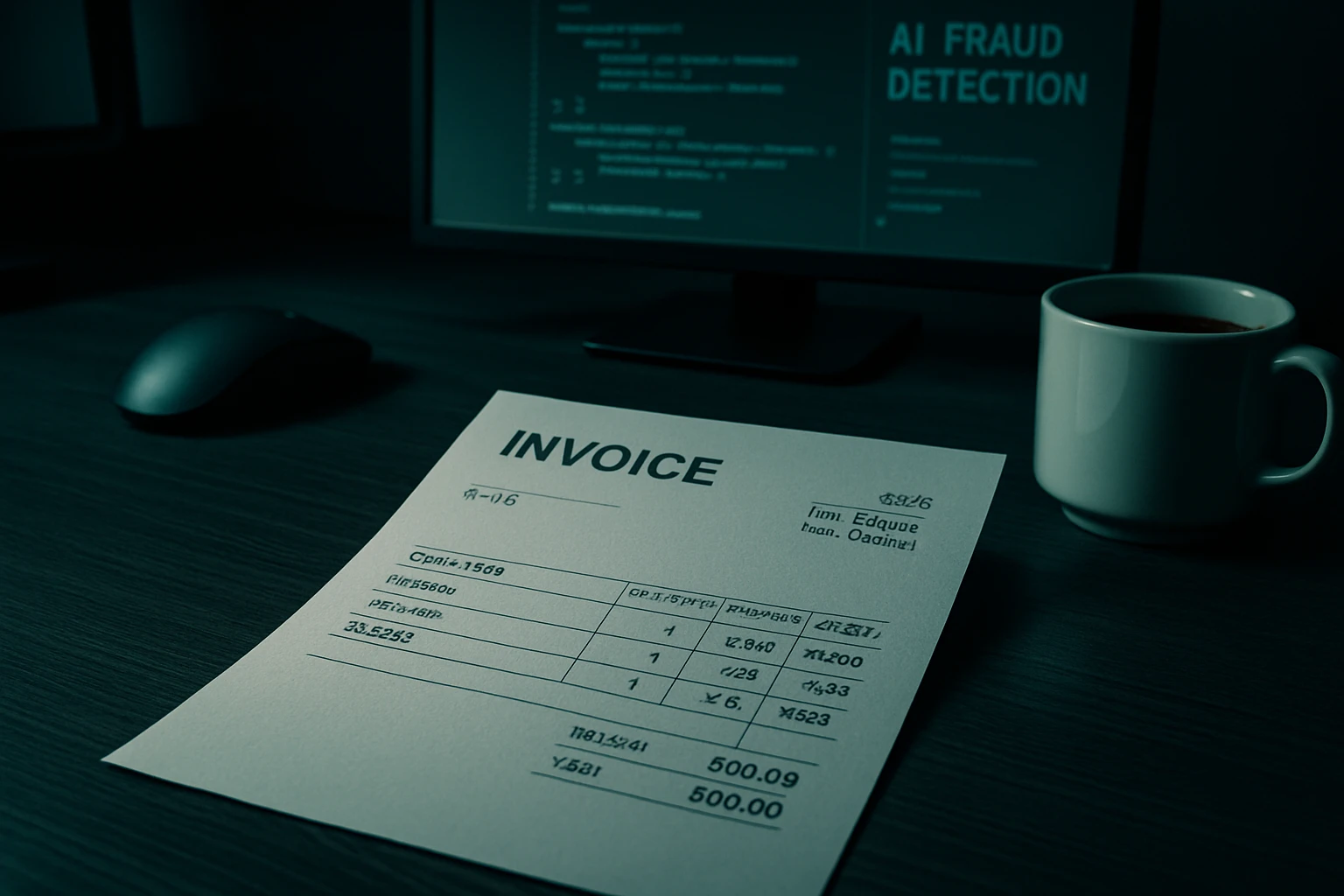 AI detection technology scrutinizing an altered invoice, highlighting advanced tools for detecting tampered invoices in expenses.