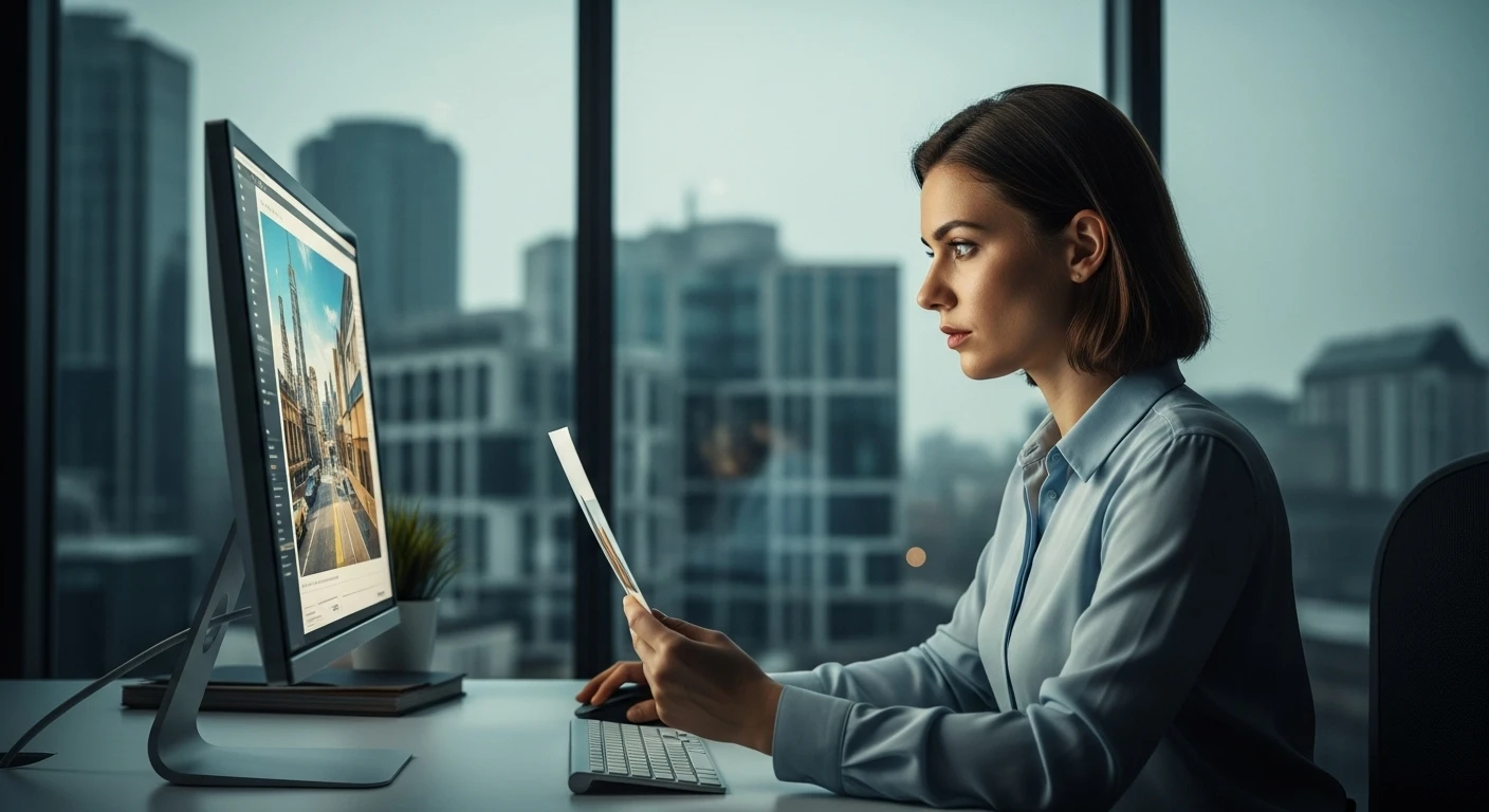 Ein scharfes Foto, das digitale Manipulationstools auf einer eleganten Benutzeroberfläche zeigt, und das Thema der Online-Prüfung der Bildauthentizität widerspiegelt.