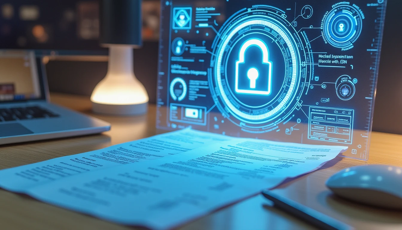 Futuristic desk with digital receipts, neon AI data overlays, and holographic interface showing fraud detection and GDPR icons