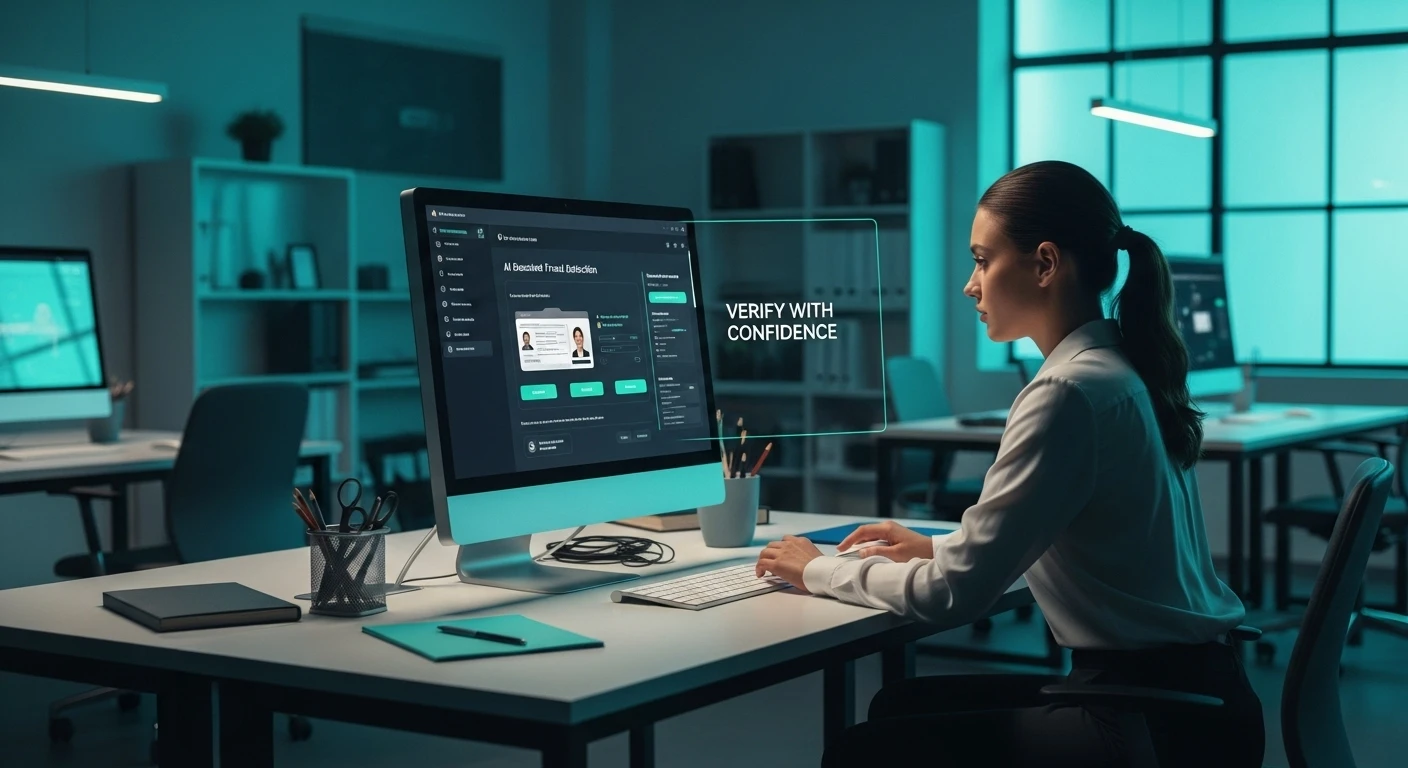 Betrugserkennung im E-Commerce dargestellt durch KI-Tools, die digitale Dokumente mit einem scharfen, glaubwürdigen visuellen Stil scannen.