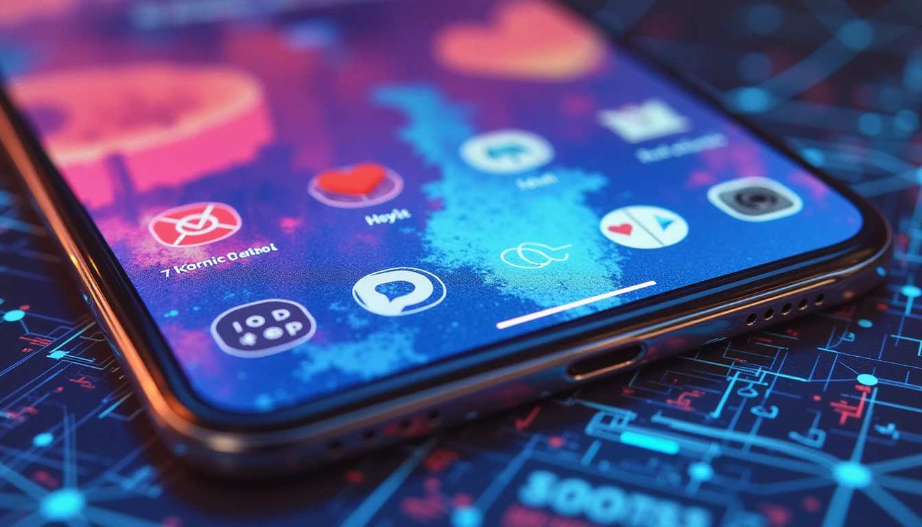 Macro shot of a smartphone showing a glitching dating app screen with neon network diagrams and bots, symbolizing AI cyber defense.