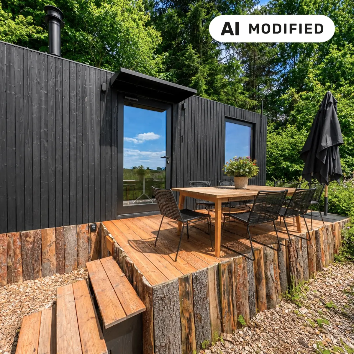 AI-processed image of a small black wooden house in the middle of nature, with a wooden terrace and seating area under bright sunshine.