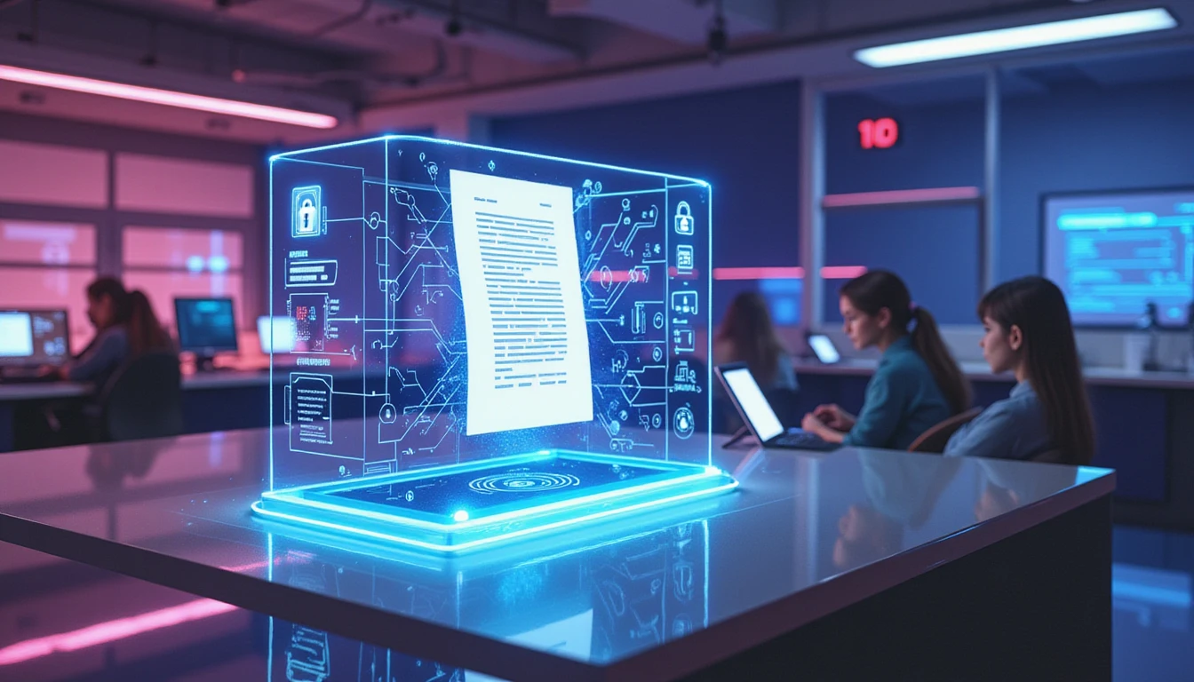 Futuristic AI fraud detection scanning a digital claim in neon-lit office, with data streams, holograms, and GDPR symbols glowing.