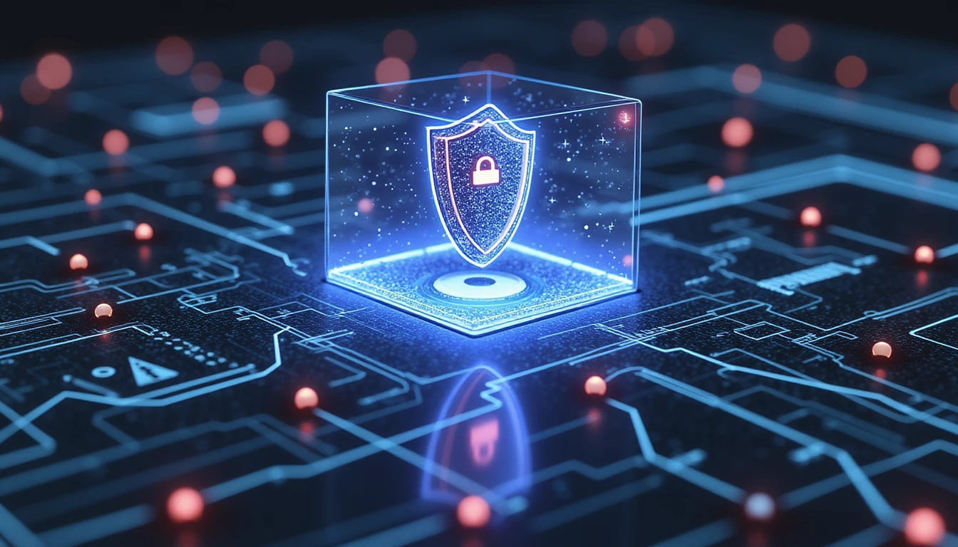 Futuristic digital interface with interconnected nodes, a neon-glowing shield, and data streams symbolizing insurance security and fraud detection.