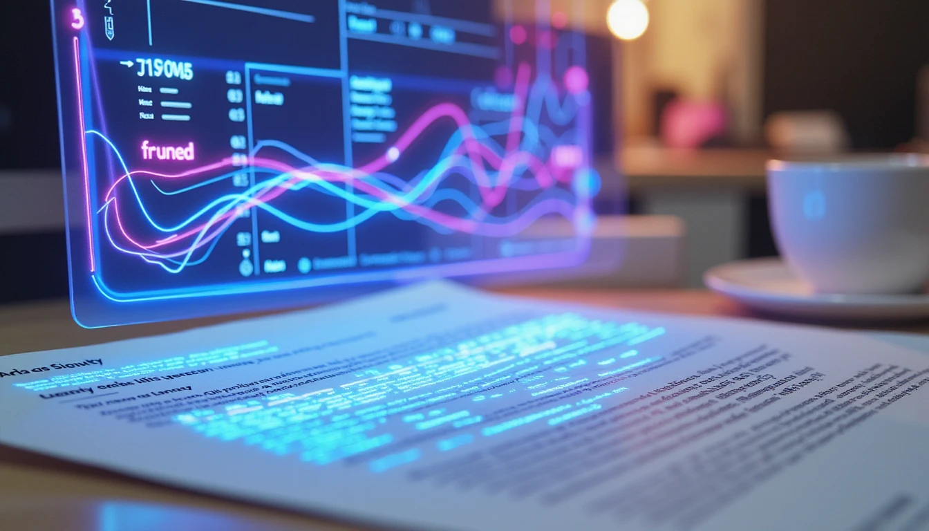 Macro view of insurance desk with AI holographic overlay detecting forged policy, glowing nodes visualize metadata analysis.