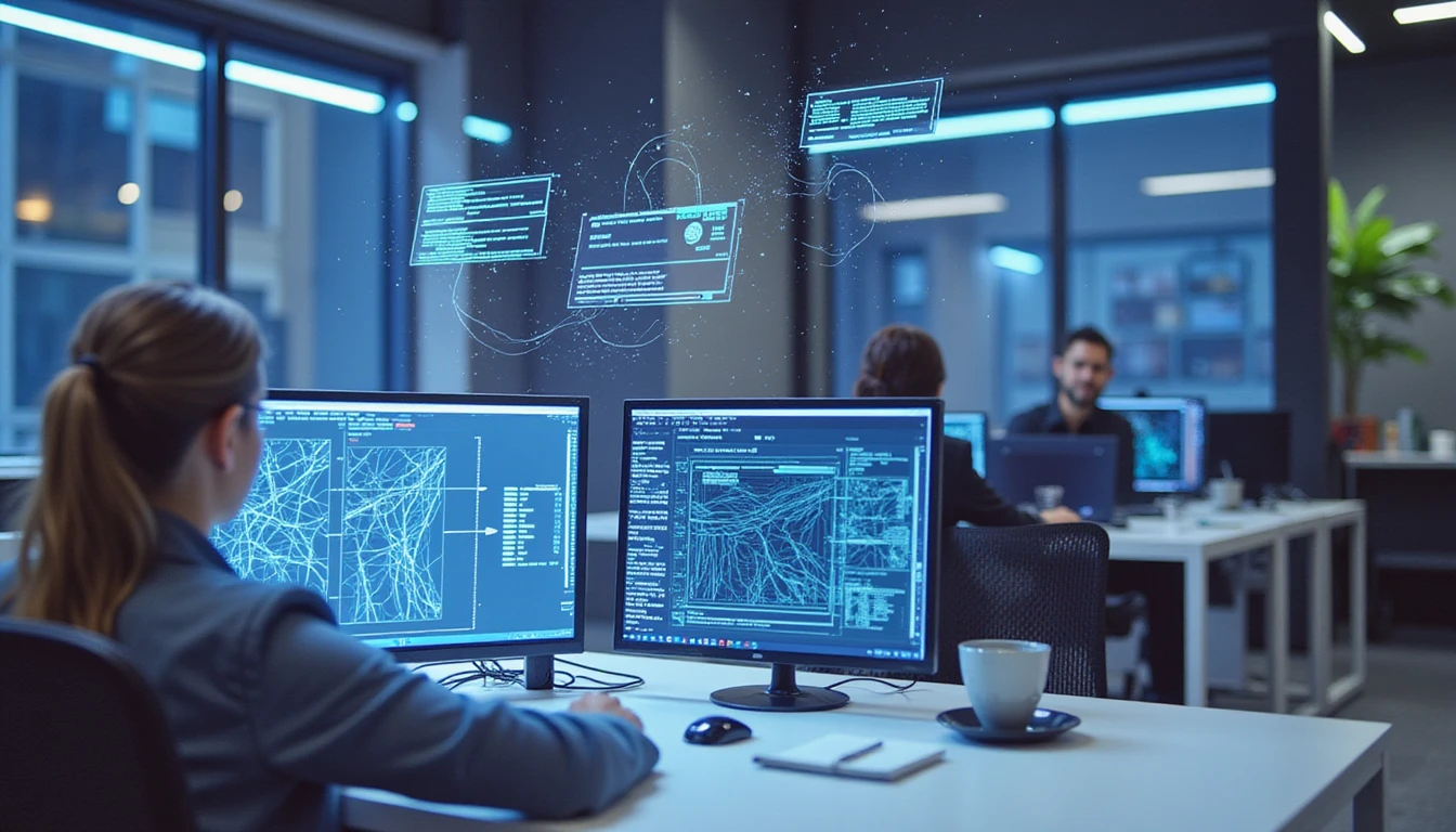 Professional in a high-tech office analyzes holographic receipts amid glowing AI patterns and metadata streams for fraud detection