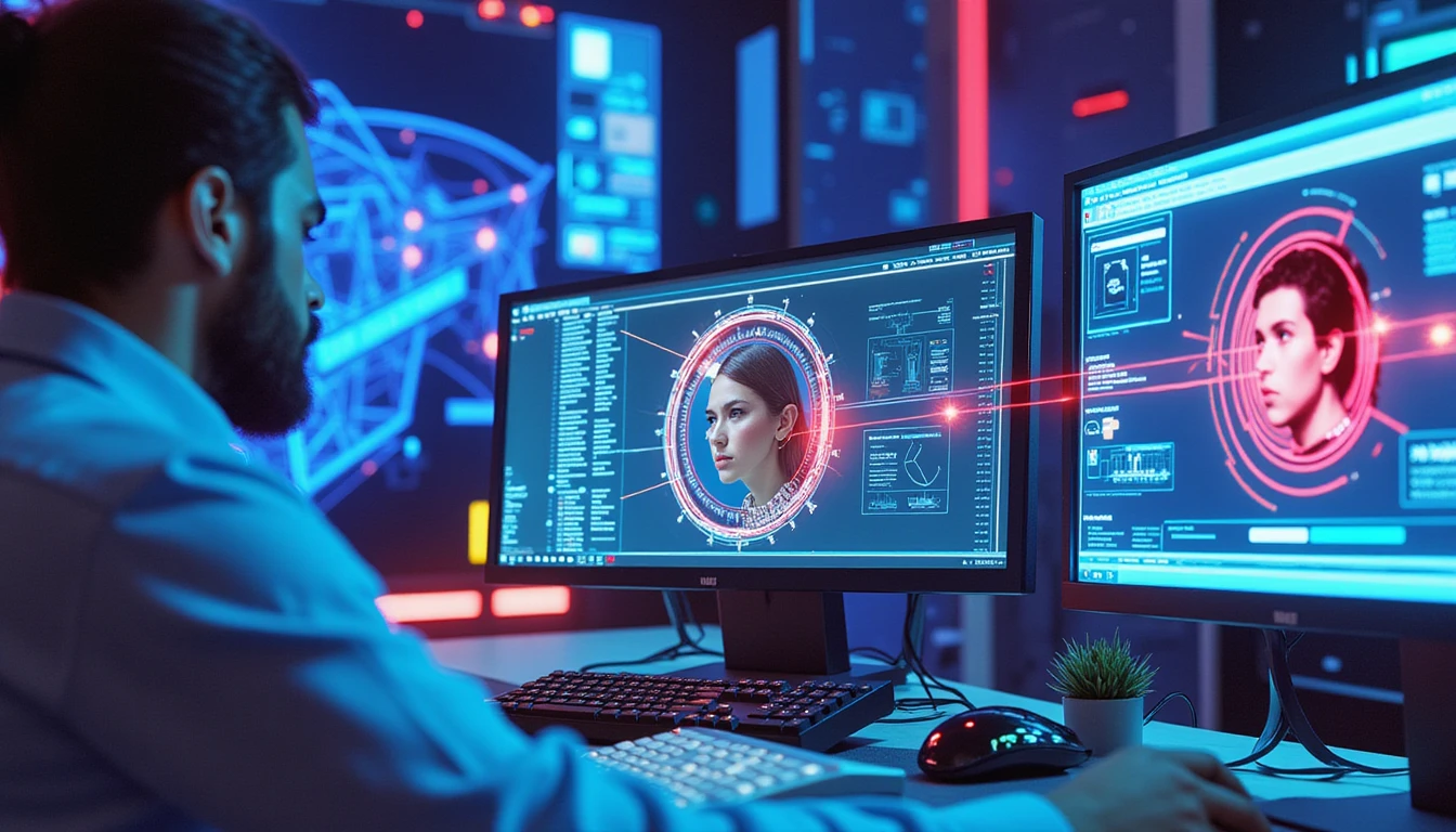 Insurance analysts review digital claims on neon-lit monitors with AI scanning faces for deepfake fraud detection.