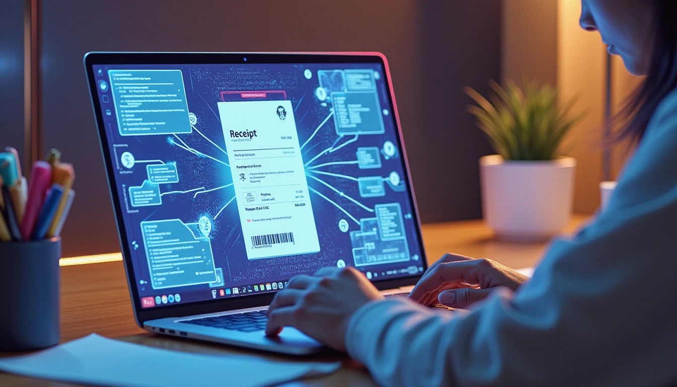 Person analyzing digital receipts on a laptop, with holographic fraud detection diagrams and AI-driven data visualization elements