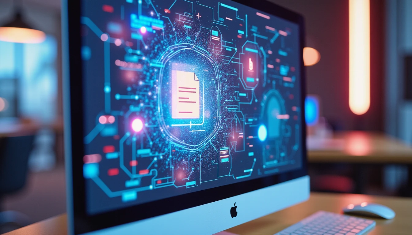 Makroansicht eines hochmodernen Versicherungsbüros mit KI-Schnittstelle zur Analyse eines digitalen Dokuments vor neonbeleuchteten Datenvisualisierungen