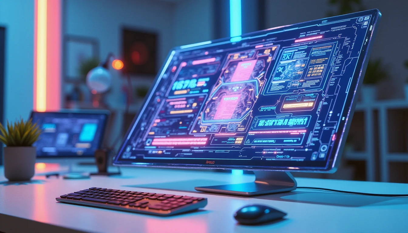 Futuristic macro view of holographic data interface and AI fraud detection system in a neon-lit digital workspace