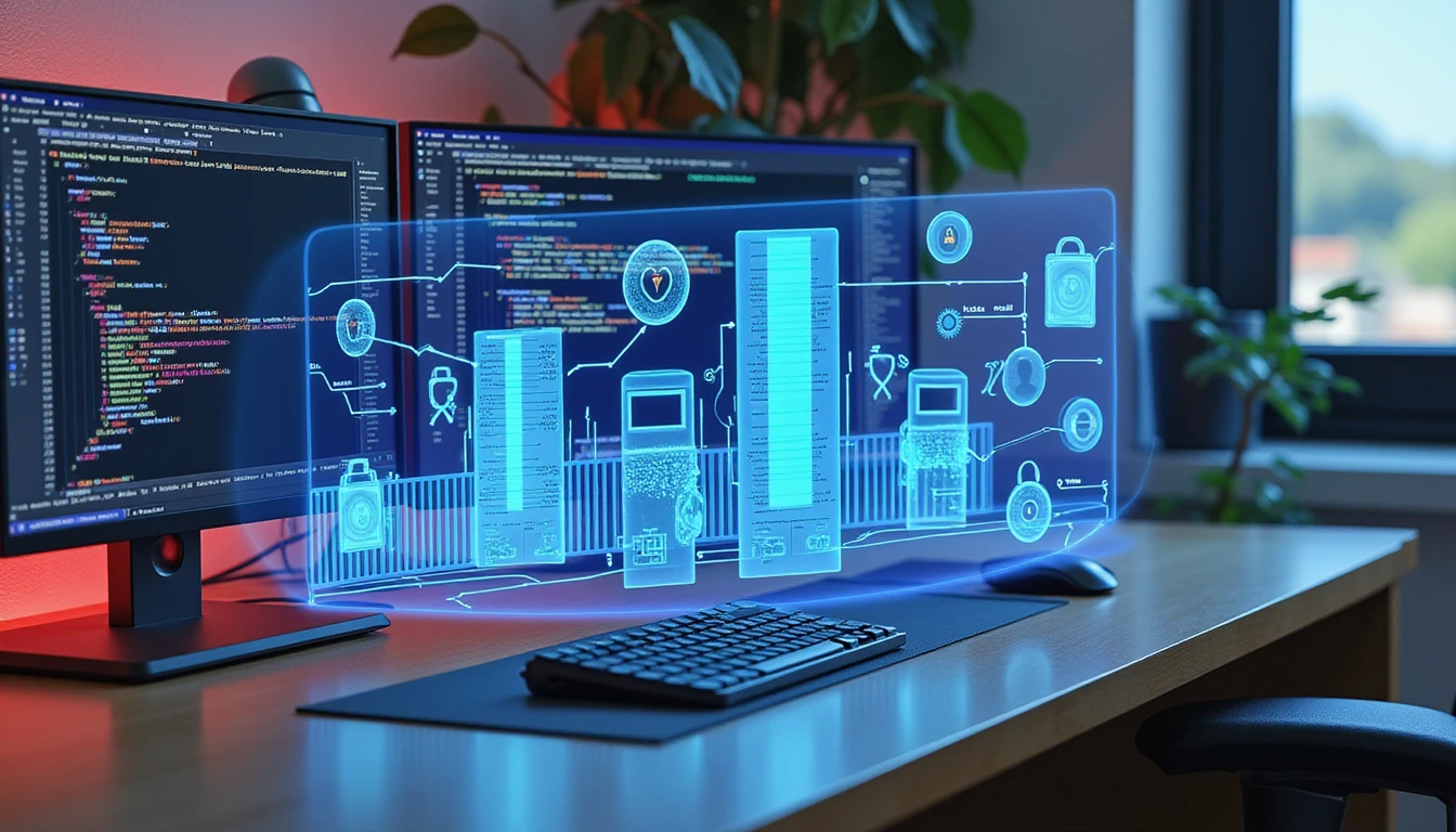Modern developer desk with dual monitors, AI code, holographic receipt verification, and neon-lit cybersecurity elements