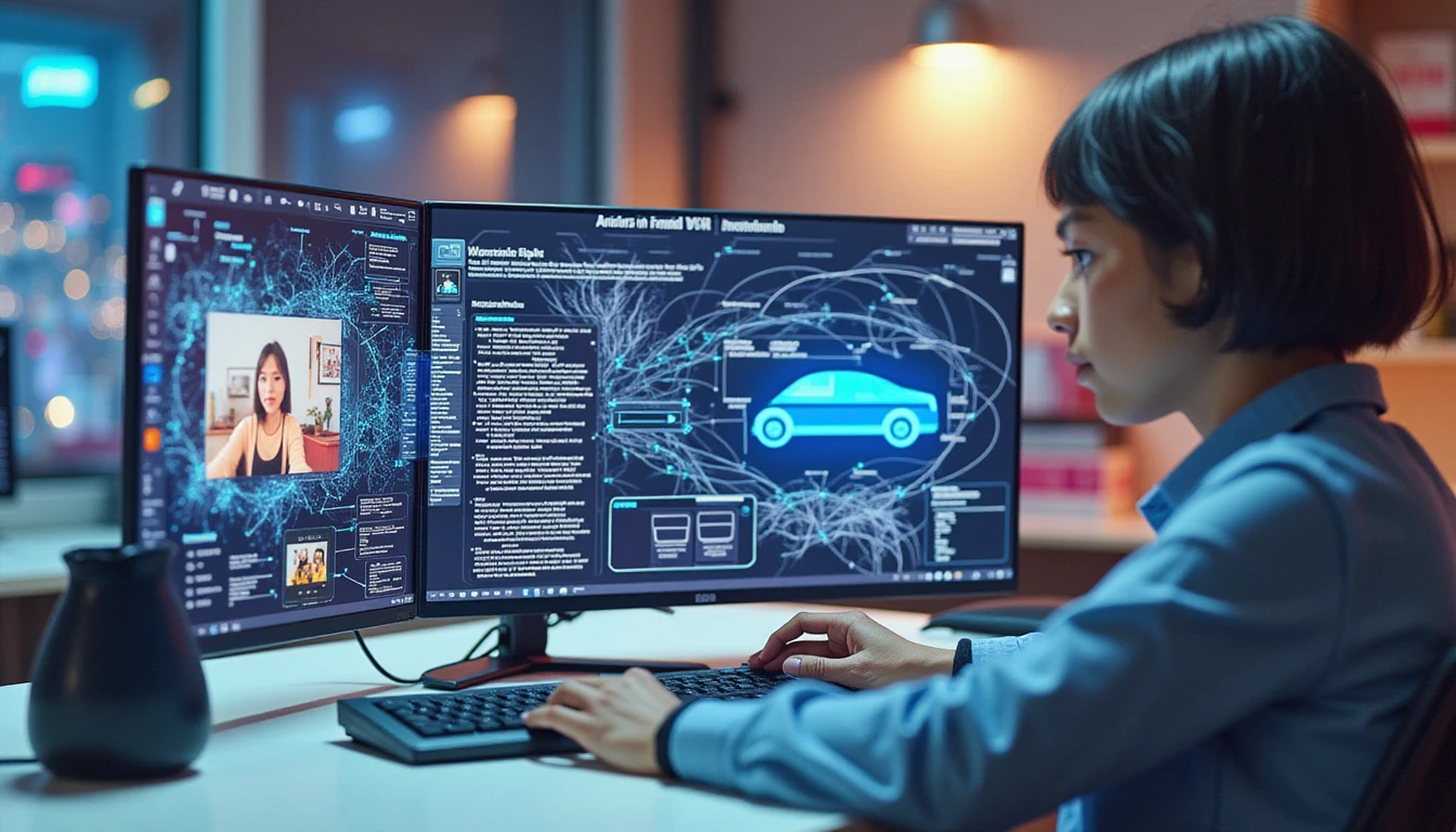 Insurance analyst reviews digital claim with AI-powered holographic tools, data streams, and forensic fraud detection overlays