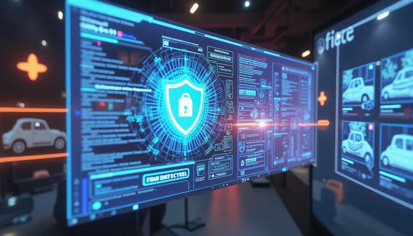 AI-driven office with holographic screens analyzing fraudulent car insurance claims, glowing alerts, and data protection icons