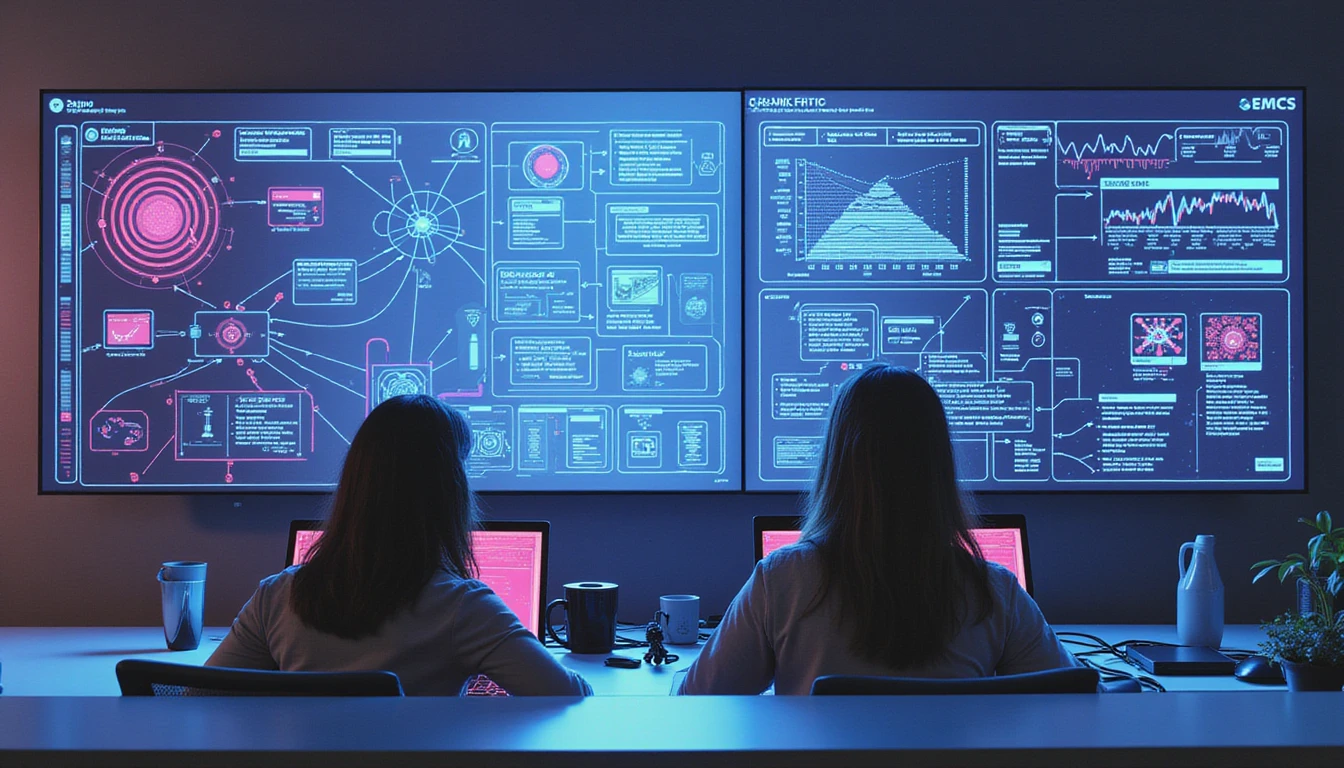 Professionals review digital claims in a modern office with AI fraud detection visuals, cybersecurity icons, and neon data overlays