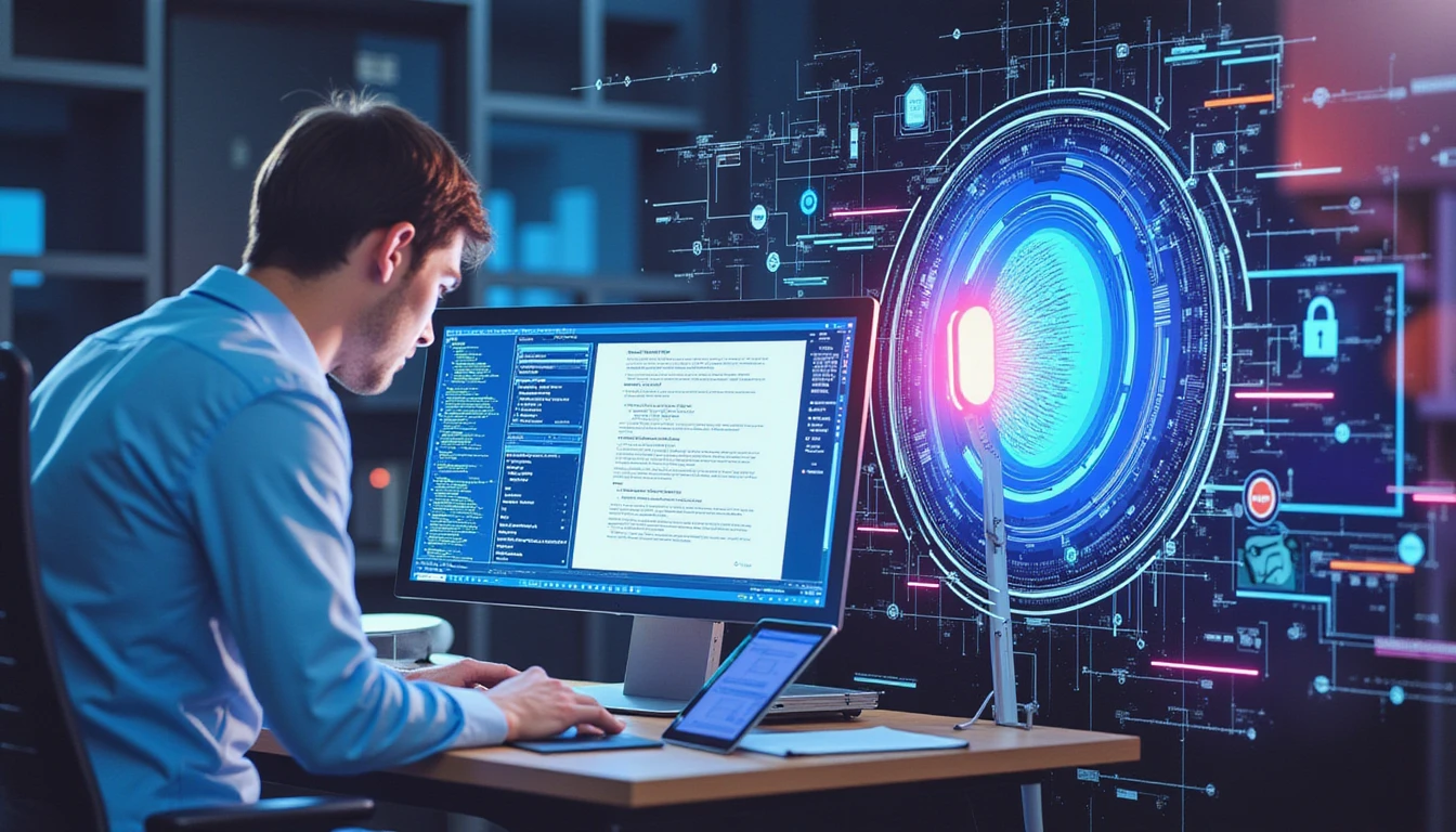 Insurance manager reviews digital documents as AI analyzes data with visualized security, compliance, and fraud detection elements