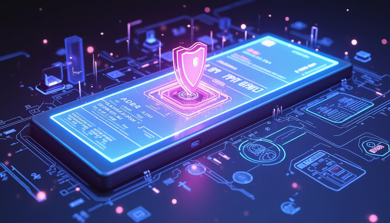 Futuristic digital security interface with AI fraud detection, neon circuitry, and holographic layers for GDPR-compliant expense control