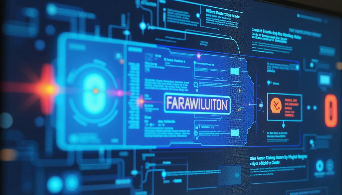 Futuristic macro shot of a glowing neon-blue digital shield with AI-powered fraud detection, encrypted data layers, and holographic security elements.