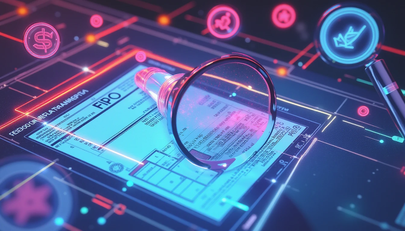 Futuristic AI interface scanning receipts with neon highlights, neural patterns, and compliance checkmarks for fraud detection