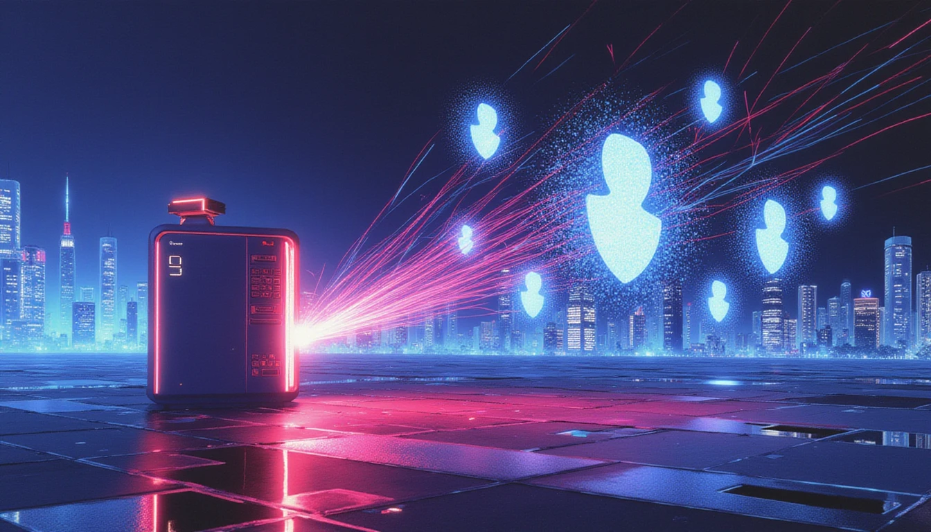 Futuristic digital landscape at night with VAARHAFT's Fraud Scanner neutralizing fake dating profiles using neon beams and AI shields