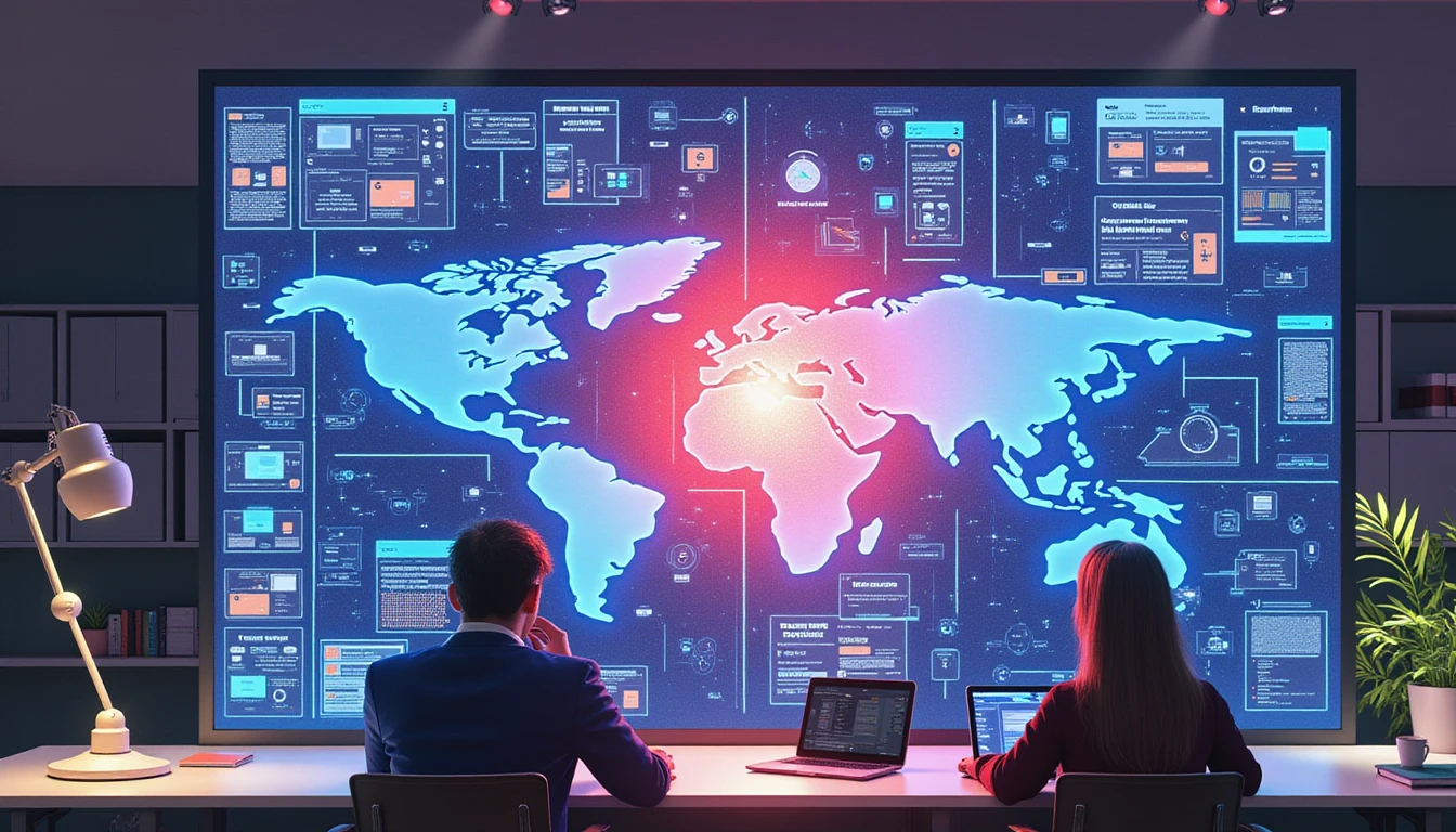 Professionals review claims on holographic screens in a neon-lit, AI-powered insurance fraud detection office setting